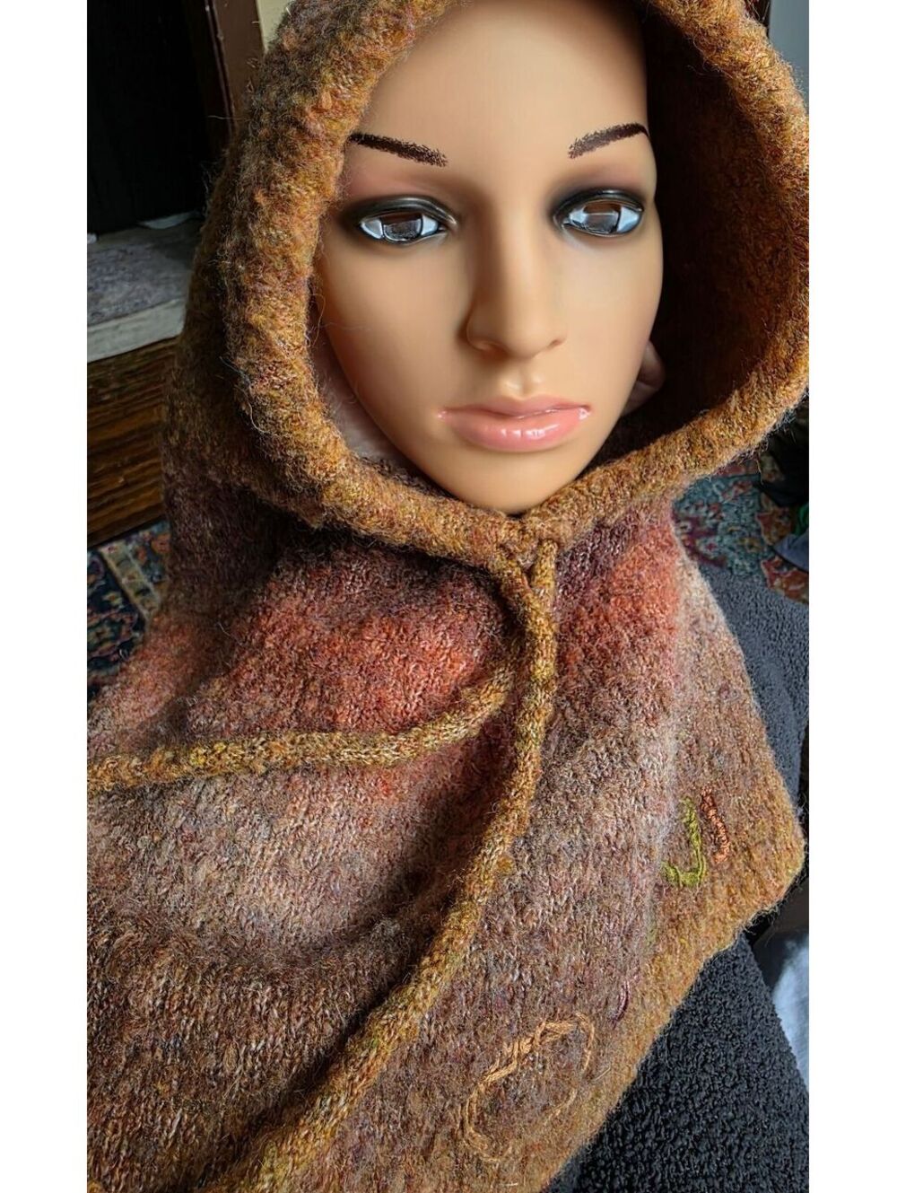 Boho Hooded Cowl Neck Snood Fuzzy Winter Face Mask & Neck Warmer, Brown/Rust
